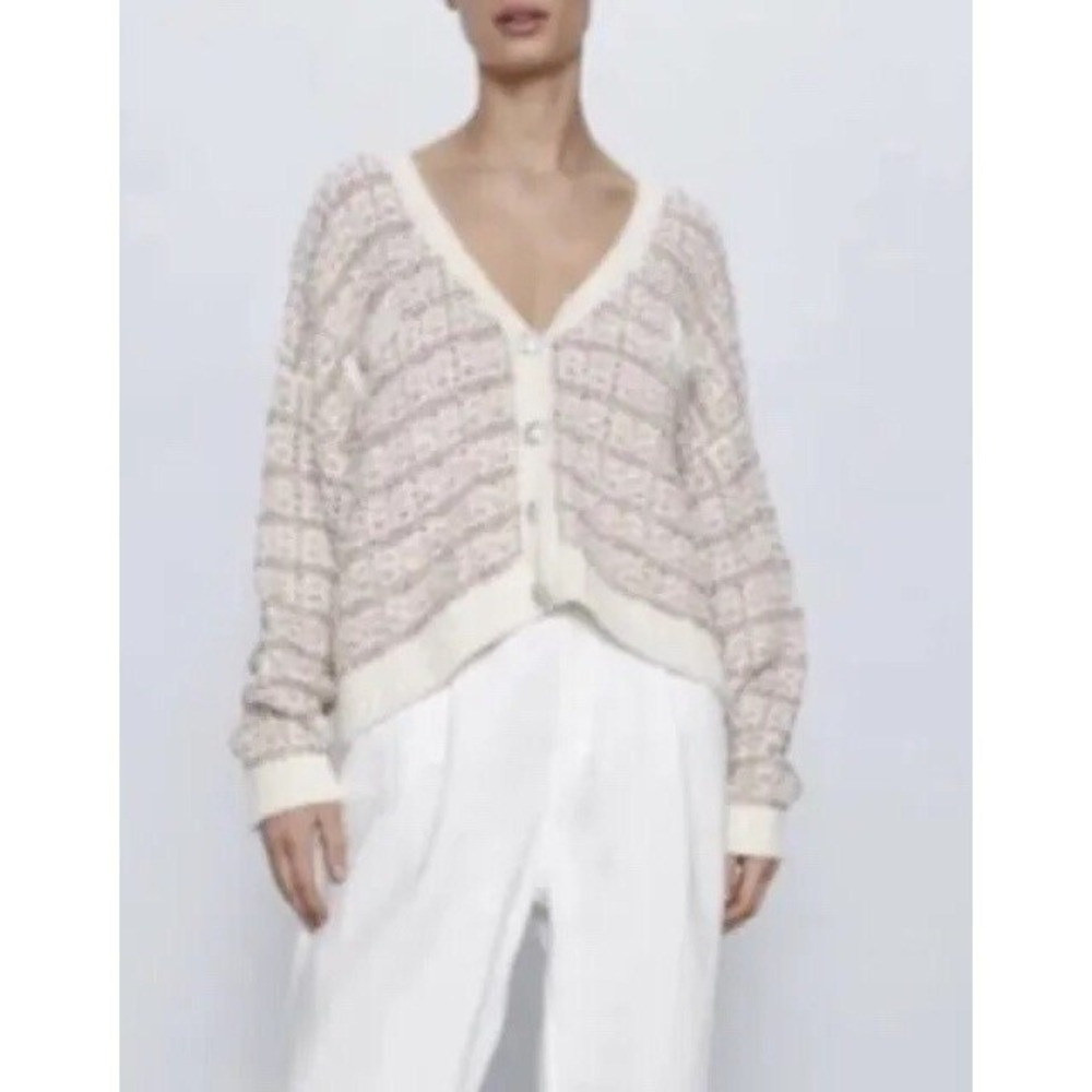 Zara Knitted Ivory Pink Rose Metallic Jewel Button Oversized Cardigan Size M EUC